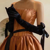 Nataly Long Black Velvet Gloves with Ribbons watereverysunday