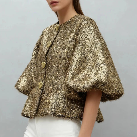 Natasha Sequin Puff-Sleeve Cropped Jacket