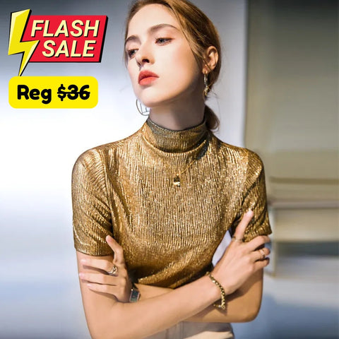Noemie Crinkle Gold Short Sleeve Turtleneck Top - SALE