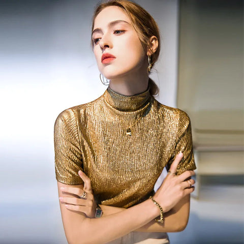 Noemie Crinkle Gold Short Sleeve Turtleneck Top