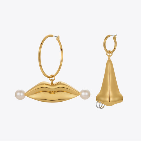 Nose & Lips Pearl and Gold Drop Earrings watereverysunday