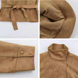 A four-panel close-up collage of a tan suede-like jacket or coat, showing the waist tie, soft lining, sleeve cuff with buttons, and high collar with buttons.