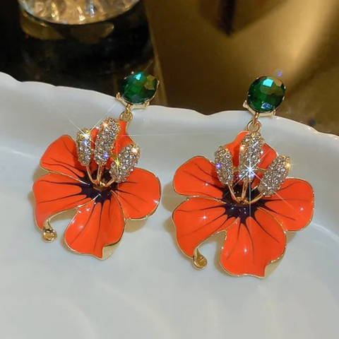 Orange Amaryllis Enamel Flowers Drop Earrings watereverysunday