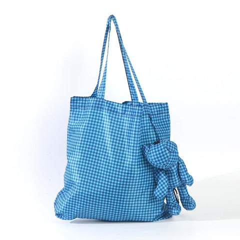 Plaid Nylon Bear Charm Eco Totes