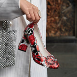 Rosa Rose Prints Pumps with Crystal Ring Buckle watereverysunday