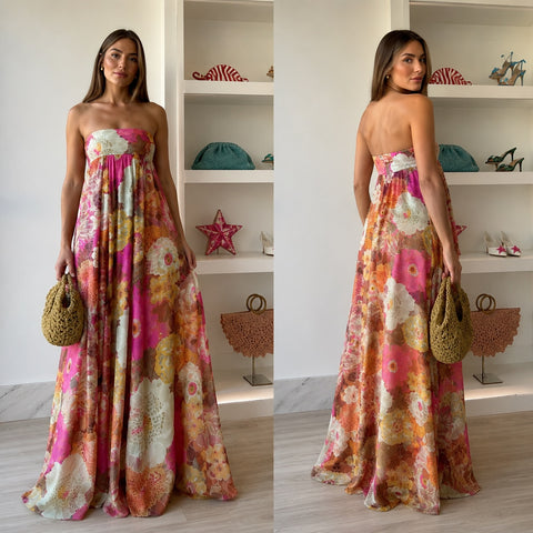 Rosalie Floral Print Strapless Maxi Dress