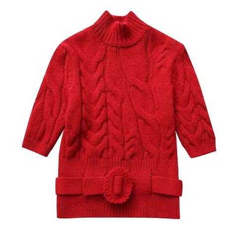 Rubina Red Cable Knit Belted Turtleneck Sweater