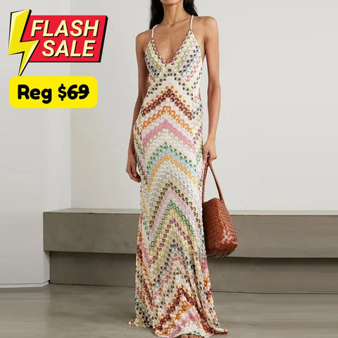 Ruena Colorful Striped Crochet Maxi Halter Dress 01 Beige / M Ruena Colorful Striped Crochet Maxi Halter Dress 01 Beige / M