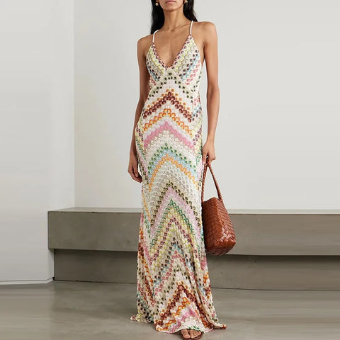 Ruena Colorful Striped Crochet Maxi Halter Dress - Beige M - SALE watereverysunday Ruena Colorful Striped Crochet Maxi Halter Dress - Beige M - SALE watereverysunday