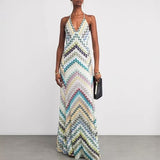 Ruena Colorful Striped Crochet Maxi Halter Dress