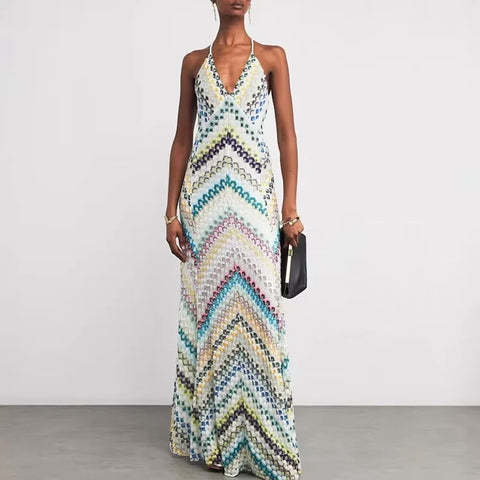 Ruena Colorful Striped Crochet Maxi Halter Dress Ruena Colorful Striped Crochet Maxi Halter Dress