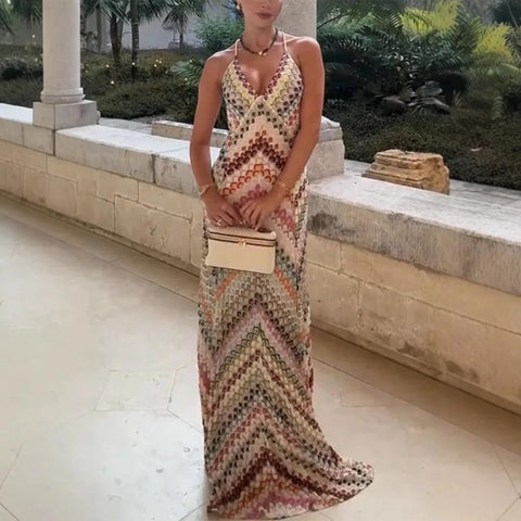 Ruena Colorful Striped Crochet Maxi Halter Dress Ruena Colorful Striped Crochet Maxi Halter Dress