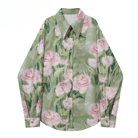 Vintage Green Flower Print Shirts Blouses
