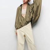 Ingrid Ruched Satin Bomber Jacket