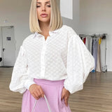 Tusie Grid Pattern Cotton Puff Sleeve Blouse