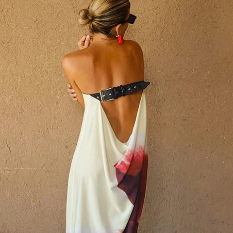 Mossa Strapless Floral Belt Tube Maxi Dress