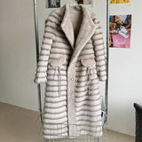 Monica Embossing Stripe Faux-Mink Fur Coat