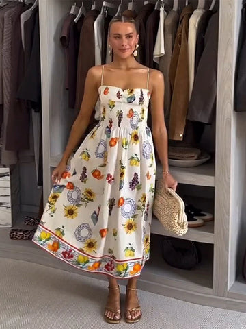 Melania Vintage Print Spaghetti Strap Dress