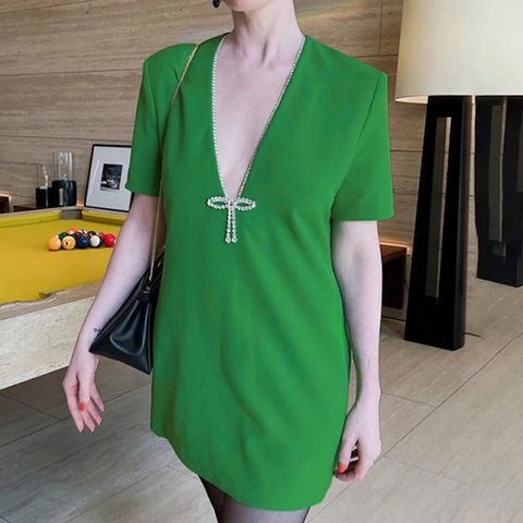 Isabeau Crystal Trim Plunge V-Neck Mini Dress