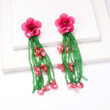 Mirabel Long Flower Beaded Tassel Earrings