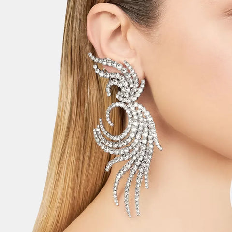 Crystal Phenix Feather Wings Clip Earrings