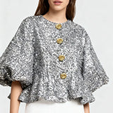 Natasha Sequin Puff-Sleeve Cropped Jacket