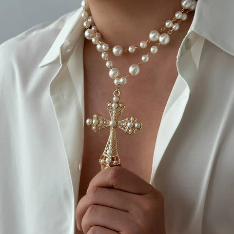 Imelda Baroque Crystal Cross and Pearl Necklace