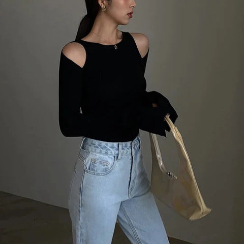 Dana Cut Out Shoulder Ribbed Crop Tops