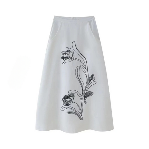 Sachi Floral Embroidery A-Line Midi Skirt