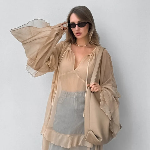 Carolina Ruffle Chiffon Boho Maxi Dress KHAKI / S Carolina Ruffle Chiffon Boho Maxi Dress KHAKI / S