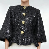 Natasha Sequin Puff-Sleeve Cropped Jacket