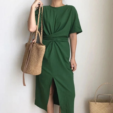 Elegant Twist Tie Waist and Front Slit Midi Dress - Green/One Size