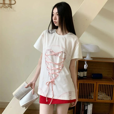 Raya Heart Ribbon Lace Up Graphic T-Shirts