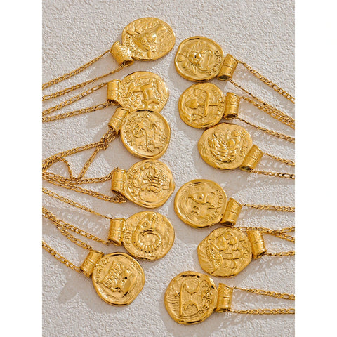 12 Constellation Sign Hammered 18K Gold Pendant Necklaces