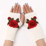 Rose Applique Hand Warmer Knit Gloves