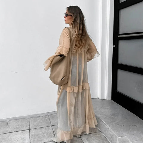 Carolina Ruffle Chiffon Boho Maxi Dress KHAKI / S Carolina Ruffle Chiffon Boho Maxi Dress KHAKI / S