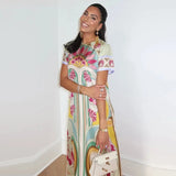 Maribel Floral Print Satin Feather Hem Maxi Dress