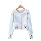 Amelie Floral Blue Striped Pointelle Knit Cardigan