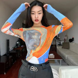 Naomi Aesthetic Print Mesh Tissue Top