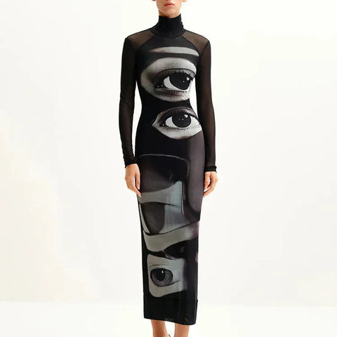 Mirabella Surreal Semi-Sheer Eye Print Mesh Dress