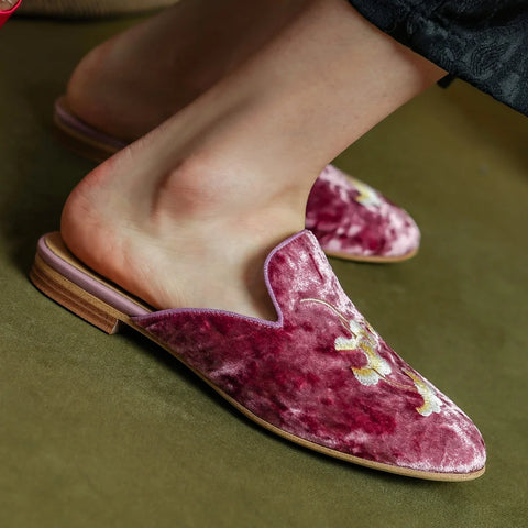 Brooke Embroidery Crushed Velvet Mules