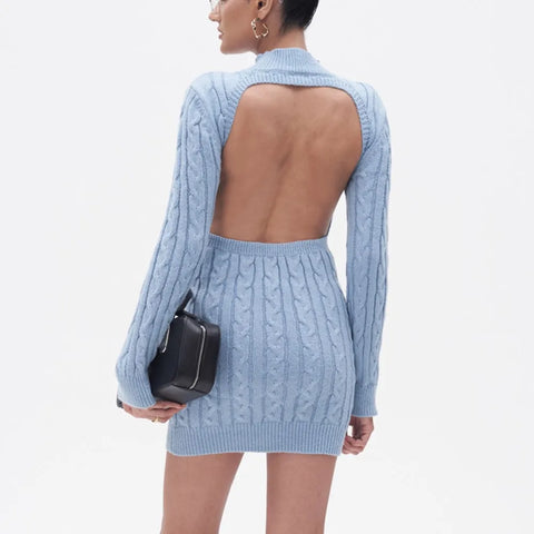 Ingrid Open Back Cable Knit Sweater Mini Dress