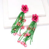 Mirabel Long Flower Beaded Tassel Earrings