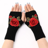 Rose Applique Hand Warmer Knit Gloves