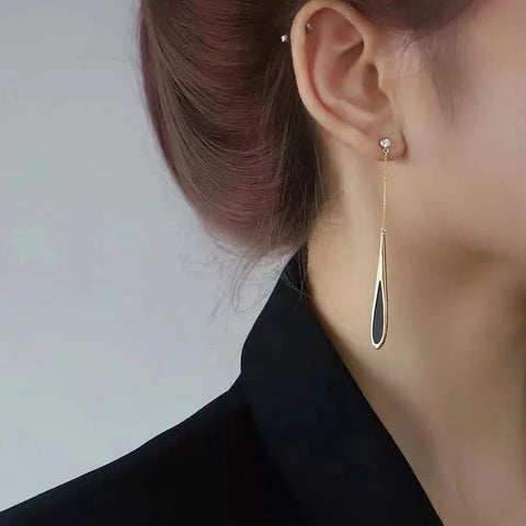 Luxe Oval Long Black Water Drop Earrings