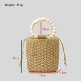 Aerin Beads Handle Straw Mini Bucket Bag