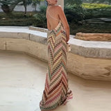 Ruena Colorful Striped Crochet Maxi Halter Dress