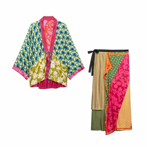 Paloma Floral Stripe Kimono Top & Skirt Set