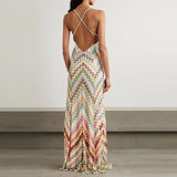 Ruena Colorful Striped Crochet Maxi Halter Dress