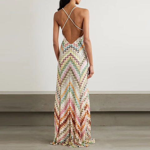 Ruena Colorful Striped Crochet Maxi Halter Dress - Beige M - SALE watereverysunday Ruena Colorful Striped Crochet Maxi Halter Dress - Beige M - SALE watereverysunday